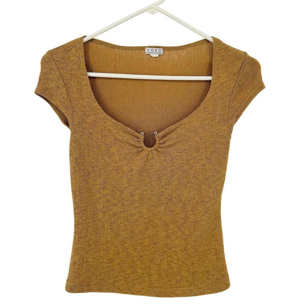 Vintage XOXO Metallic Gold Knit Scoop Neck Top Silver Hardware Detail Y2K Small